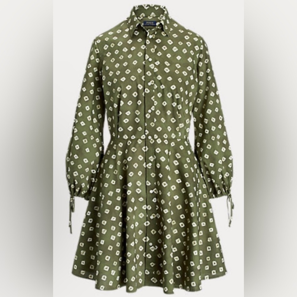 Polo Ralph Lauren Dress Size 12 Green Button Balloon Sleeves 100% Cotton - Picture 2 of 11
